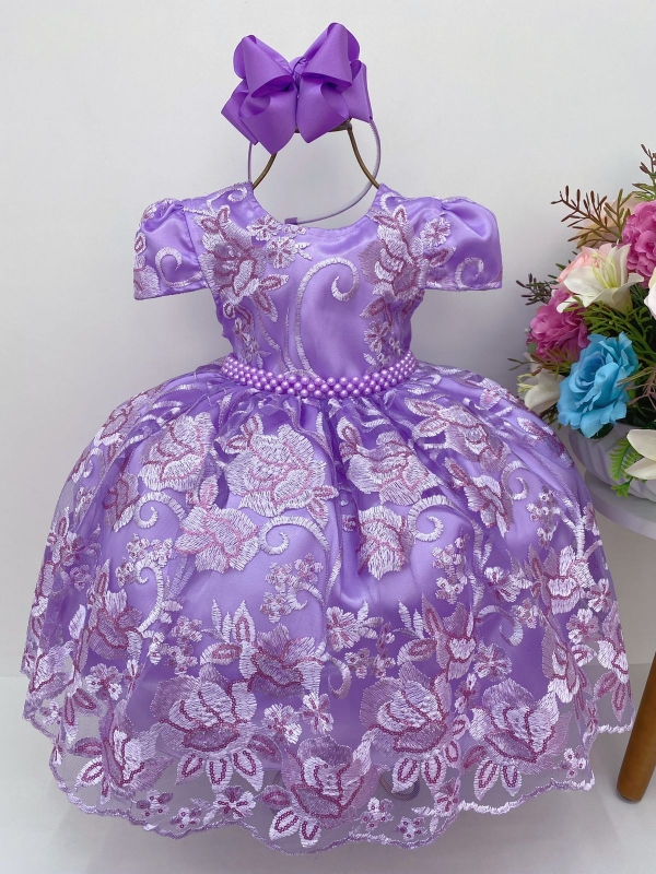 VESTIDO INFANTIL REALEZA LILÁS RENDA PÉROLAS PRINCESA LUXO