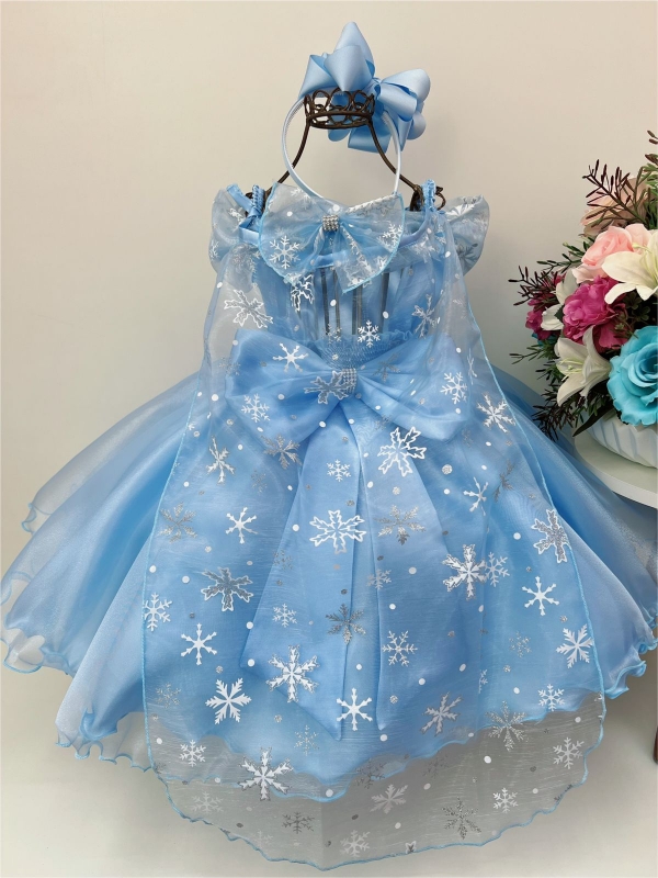 Vestido Infantil Azul Frozen com Capa Luxo