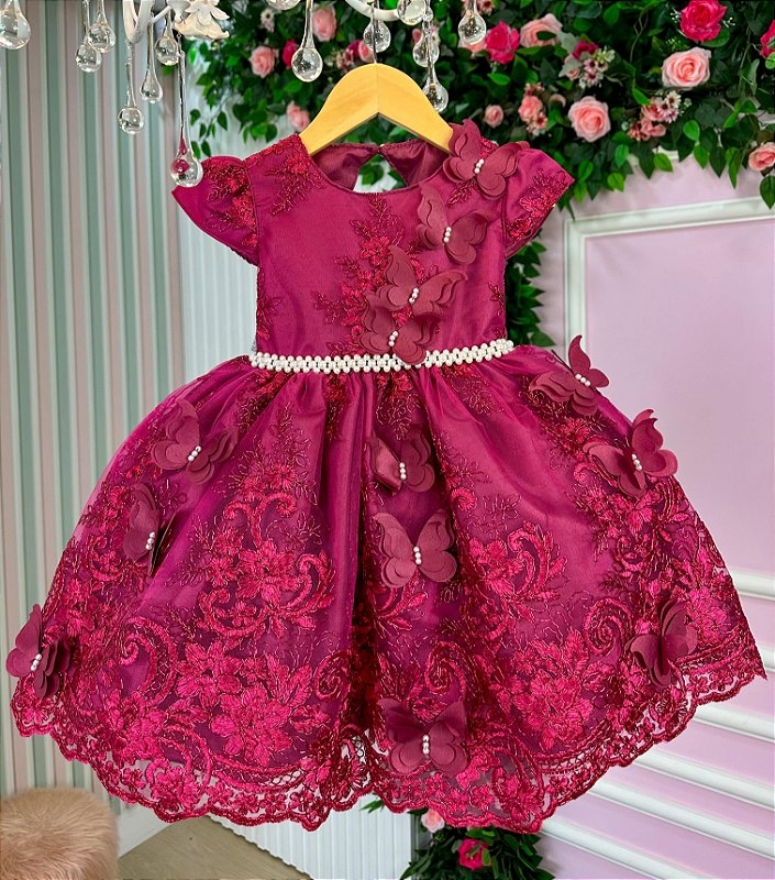 Vestido Bebê Vermelho Renda Princesa Realeza Laço Babados