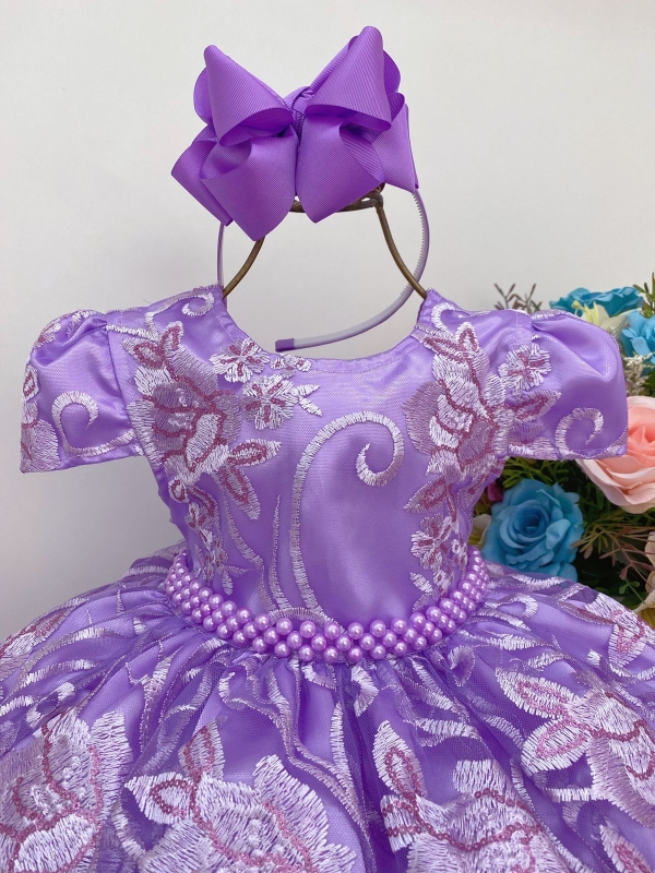 VESTIDO INFANTIL REALEZA LILÁS RENDA PÉROLAS PRINCESA LUXO